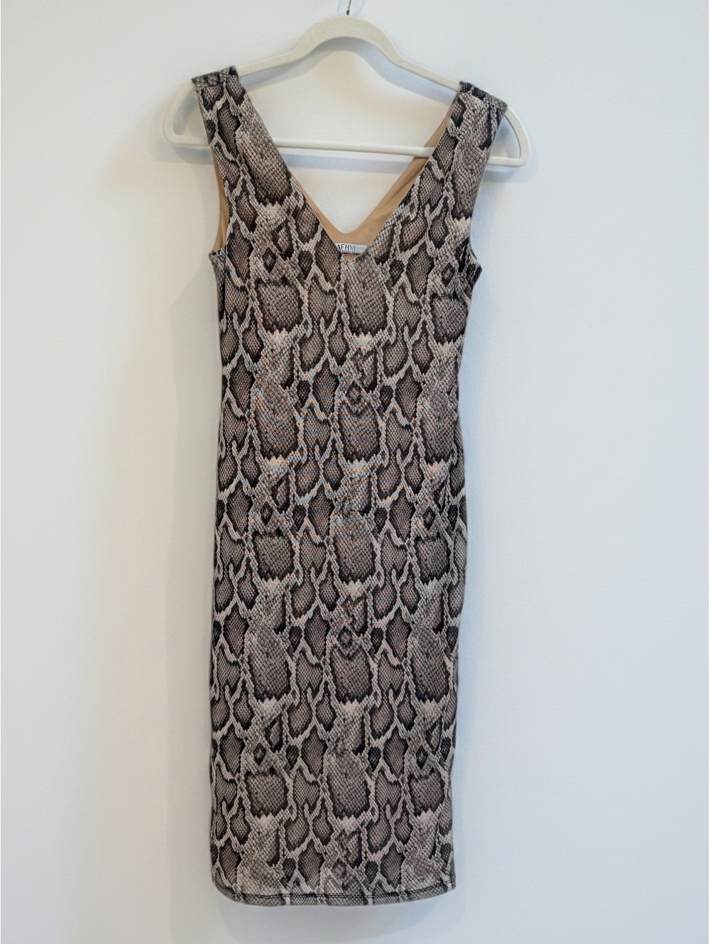 AFRM Snake Print Mesh V-Neck Midi Dress S Taupe Snakeskin Bodycon Revolve EUC